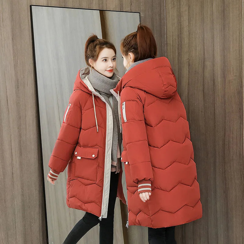 Women Hooded Warm Cotton Parka Mid-length Thicken Snow Jacket