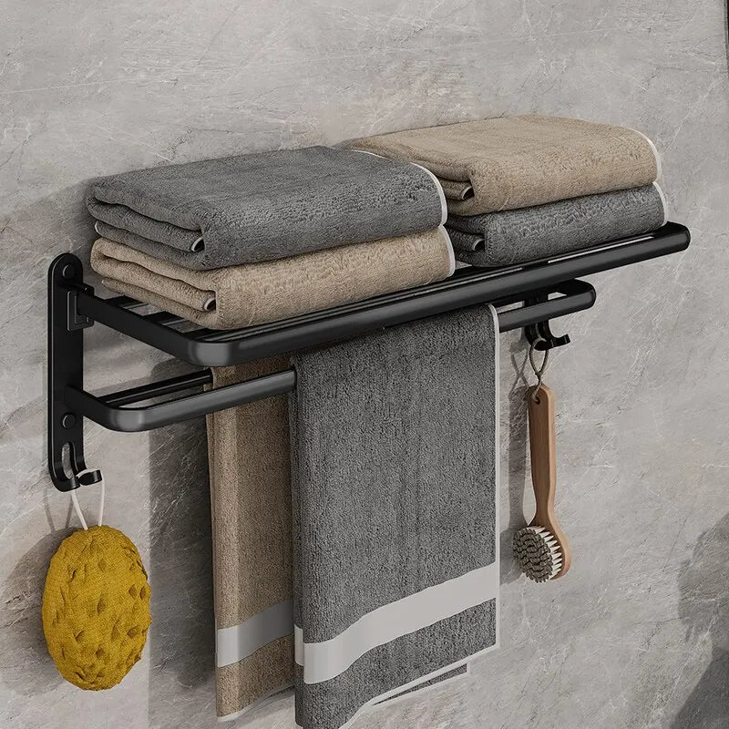 Matte Black 50CM Folding Towel Holder with Hook - Wall Mount