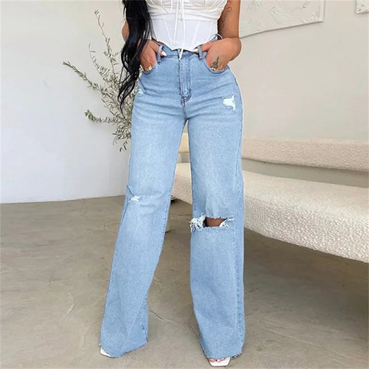 Comfortable High-Waist Knee-Broken Straight Jeans for Women