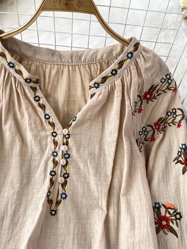 Autumn Flower Embroidered V-Neck Blouse