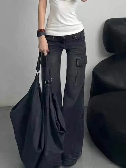 Schwarze Gothic Cargo Flare Jeans für Damen