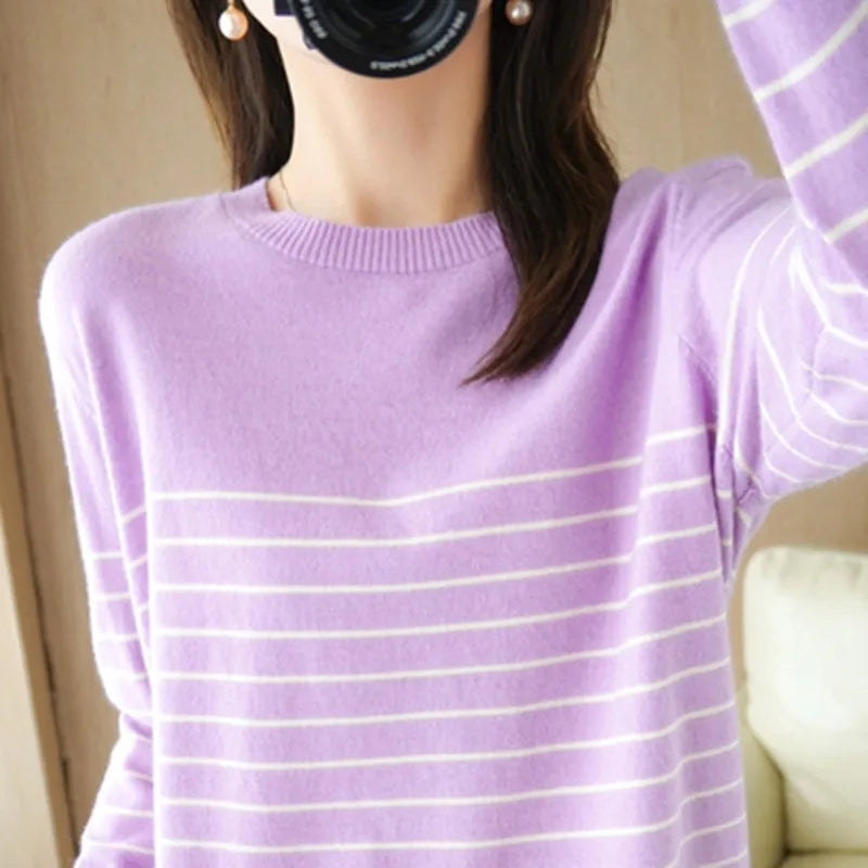 100% Cotton Striped Sweater - Loose Fit Style