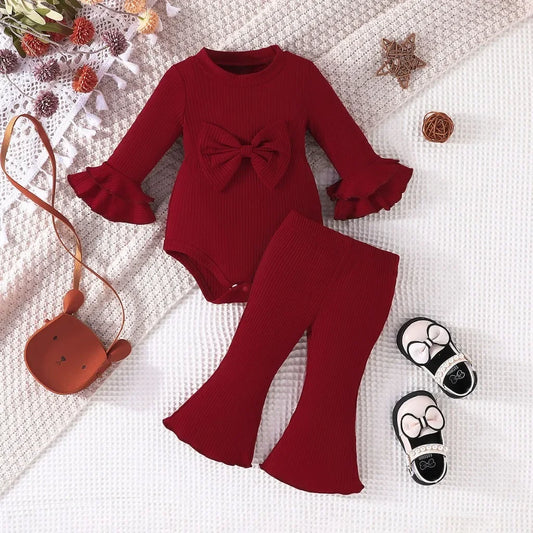 Baby Girls Long Sleeve Bow Ruffled Romper & Boot Cut Pant