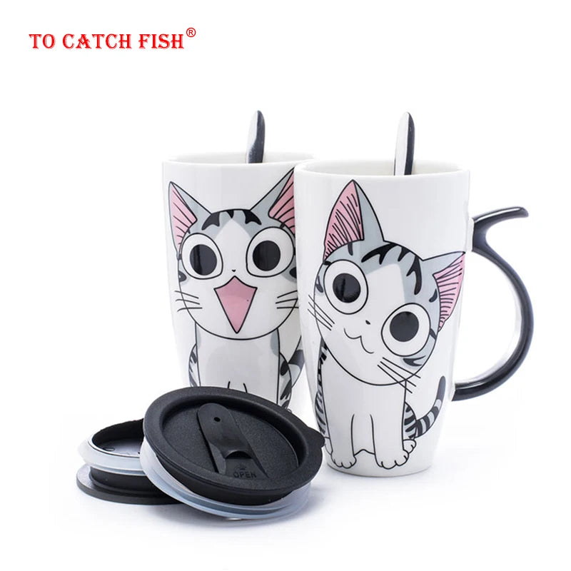 Tasse en céramique créative pour chat de 600 ml avec couvercle et cuillère