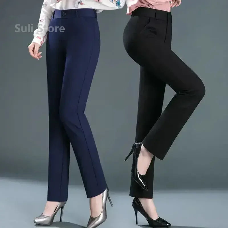 Elastic Mid Waist Straight Trousers for Women