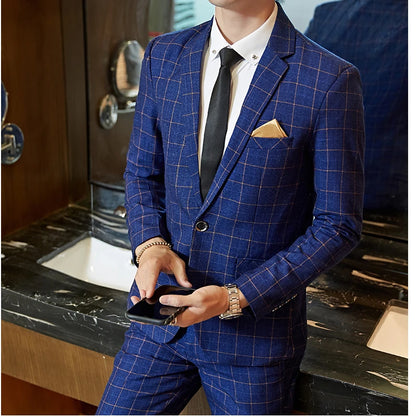 Men's Casual One-Button Plaid Two-Piece Set