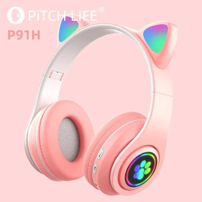 P91H Cute Cat Ears BT Wireless Headphone - Com Mic E Flash Light Capacity LED Headset