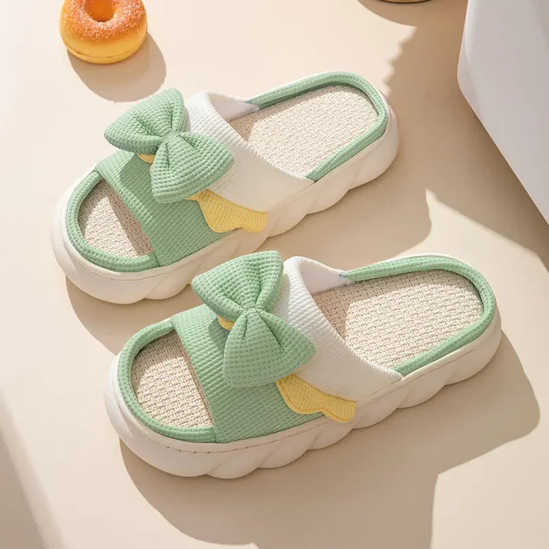 Comfy Linen Indoor Slippers with Cute Bowknot
