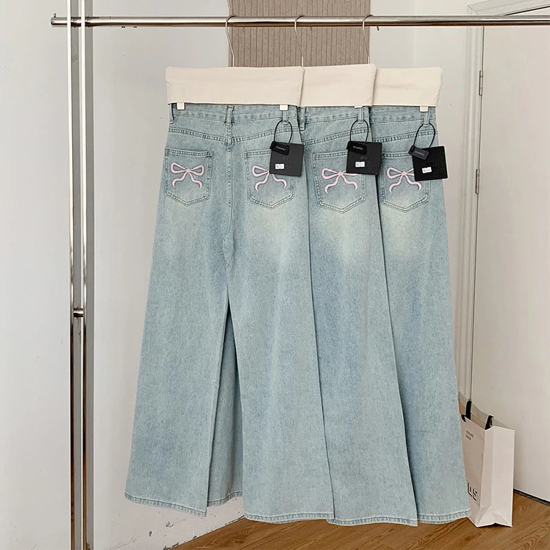 Korean Light Blue High-Waist Wide Leg Jeans