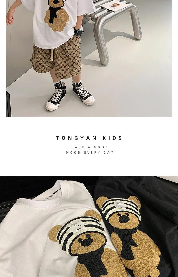 Baby Boy Cotton Embroidered Top with Brown Drawstring Pants