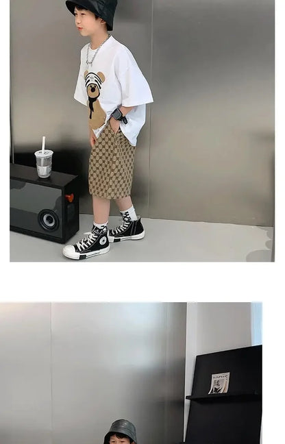 Baby Boy Cotton Embroidered Top with Brown Drawstring Pants