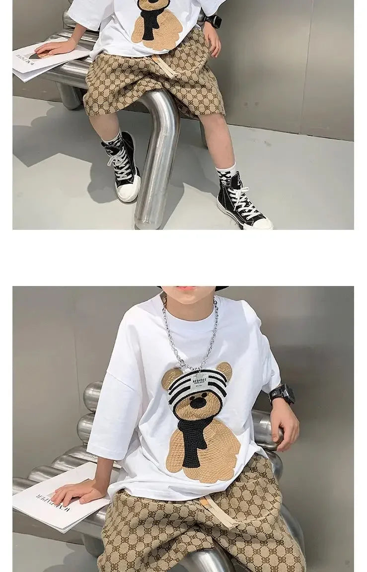 Baby Boy Cotton Embroidered Top with Brown Drawstring Pants