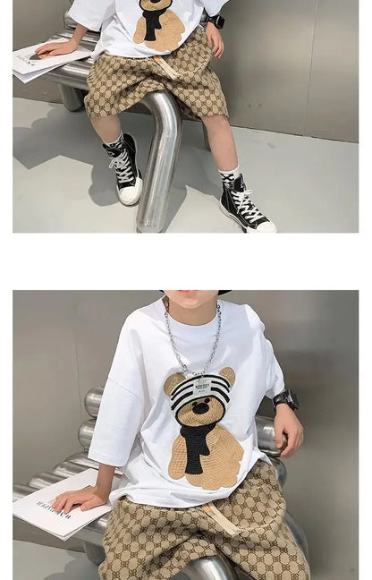 Baby Boy Cotton Embroidered Top with Brown Drawstring Pants