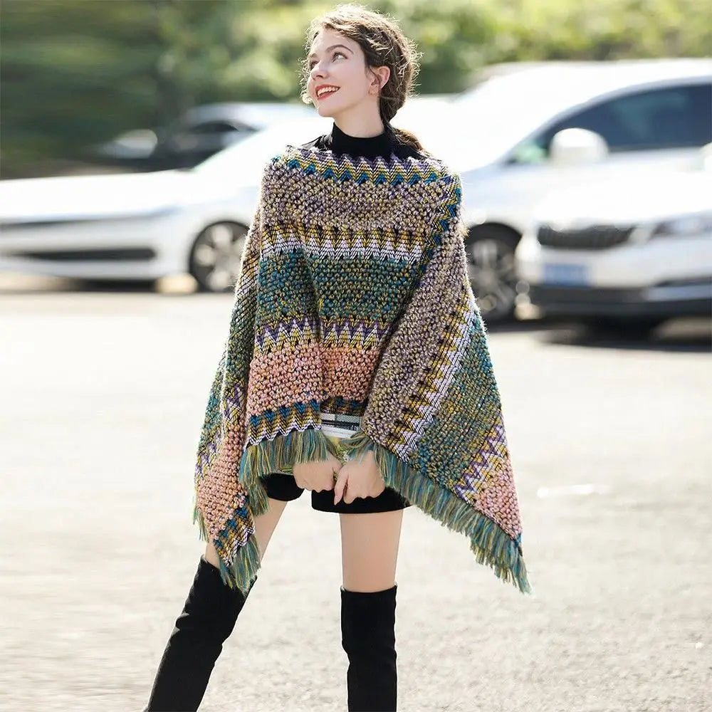 Winter Warm Mongolian Poncho with Tassels for Women