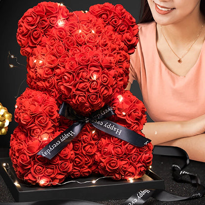 Décoration de cadeaux de Saint-Valentin Ours en roses Fleur artificielle avec boîte lumineuse Ours en peluche