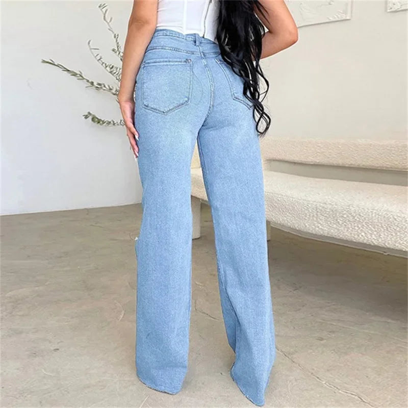 Comfortable High-Waist Knee-Broken Straight Jeans for Women