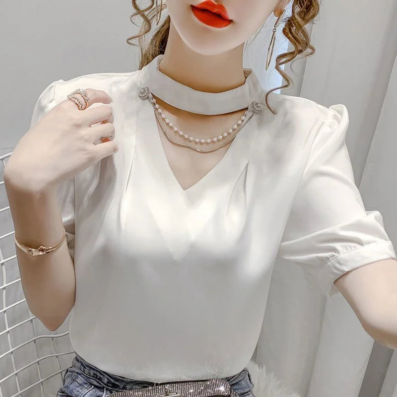 Solid Pearl Short Sleeve O-Neck Women's Blouses