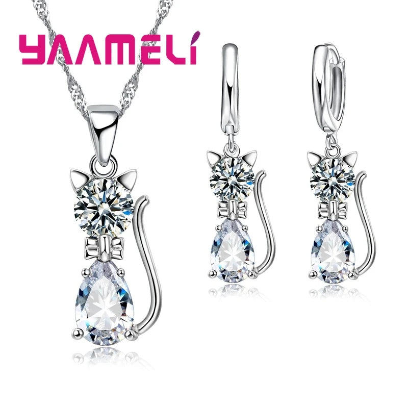 Sterling Silver Color Shining Austrian Crystal Pendant Necklace Huggee Earring Jewelry Sets