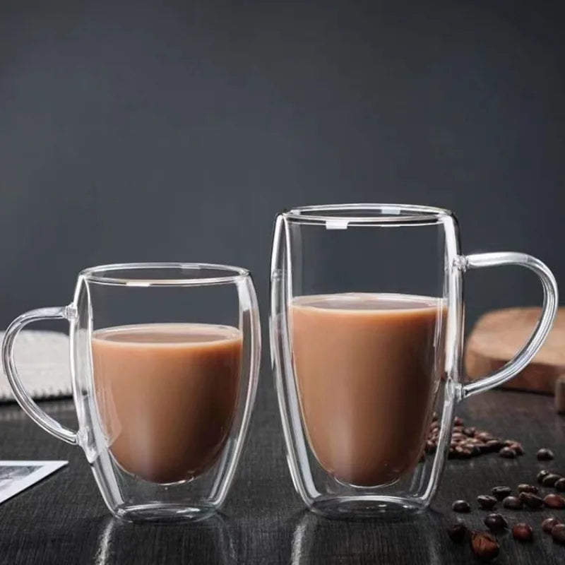 Double Bottom Wall Glass Cup with Heat-Resistant Handle