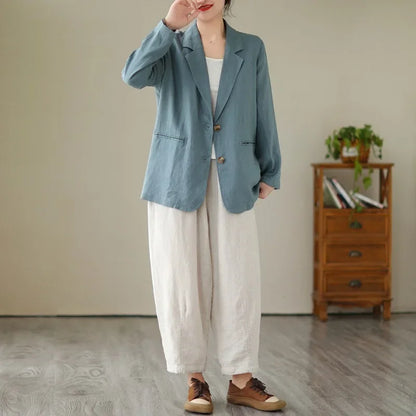 Blazer d'été à manches longues en coton et lin d'inspiration vintage avec col à revers