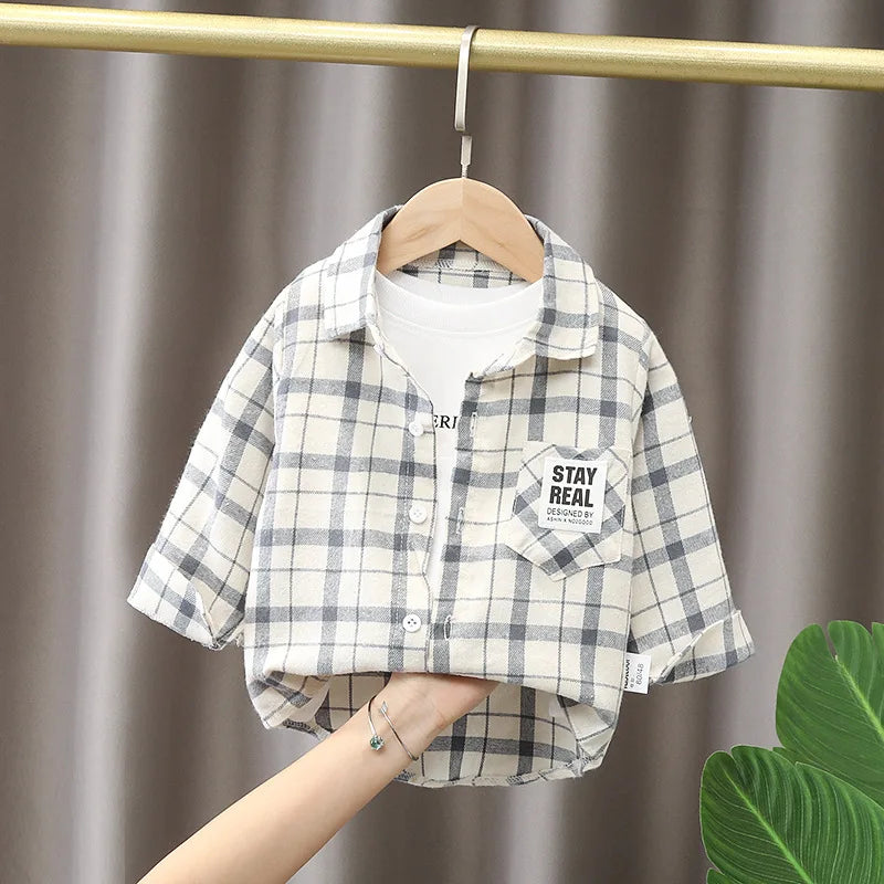 IENENS Spring Plaid Cotton Shirt for Kids