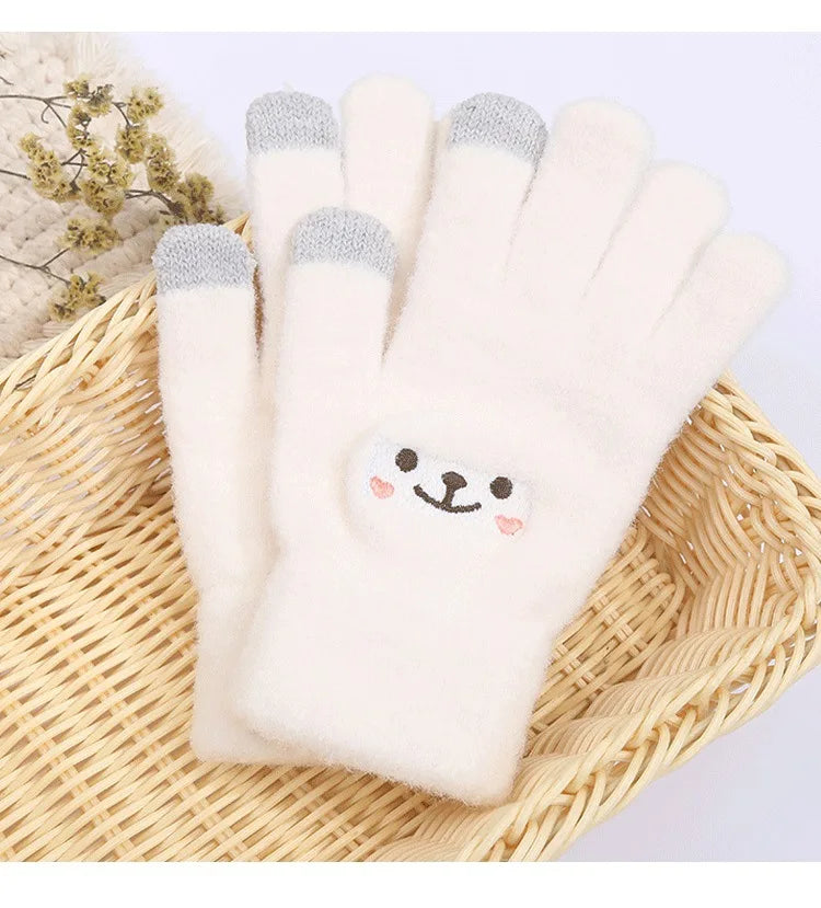 Smiley Bear Embroidered Touchscreen Gloves for Women