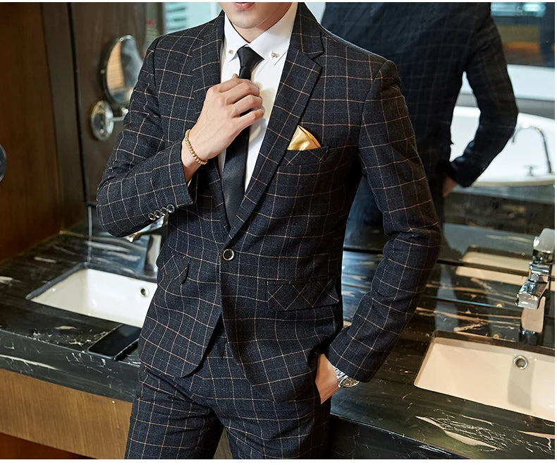 Men's Casual One-Button Plaid Two-Piece Set