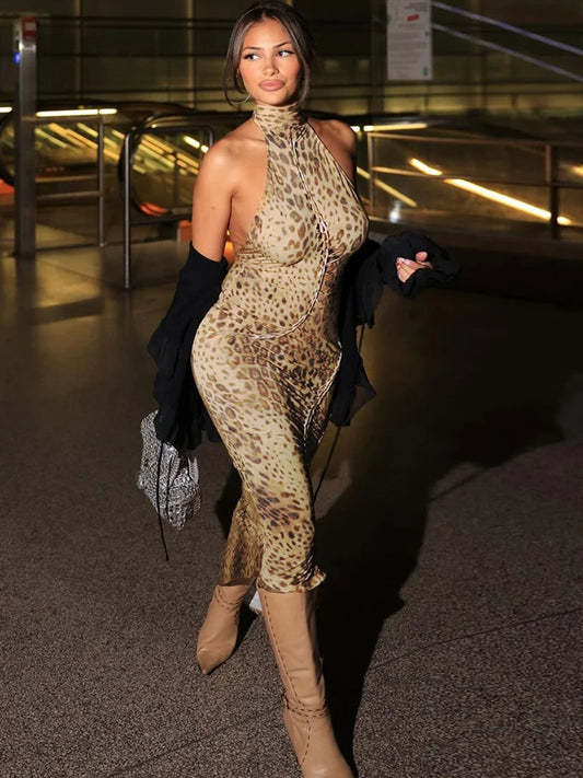 Sexy rückenfreies Chiffon-Patchwork-Neckholderkleid mit Leopardenmuster für Damen