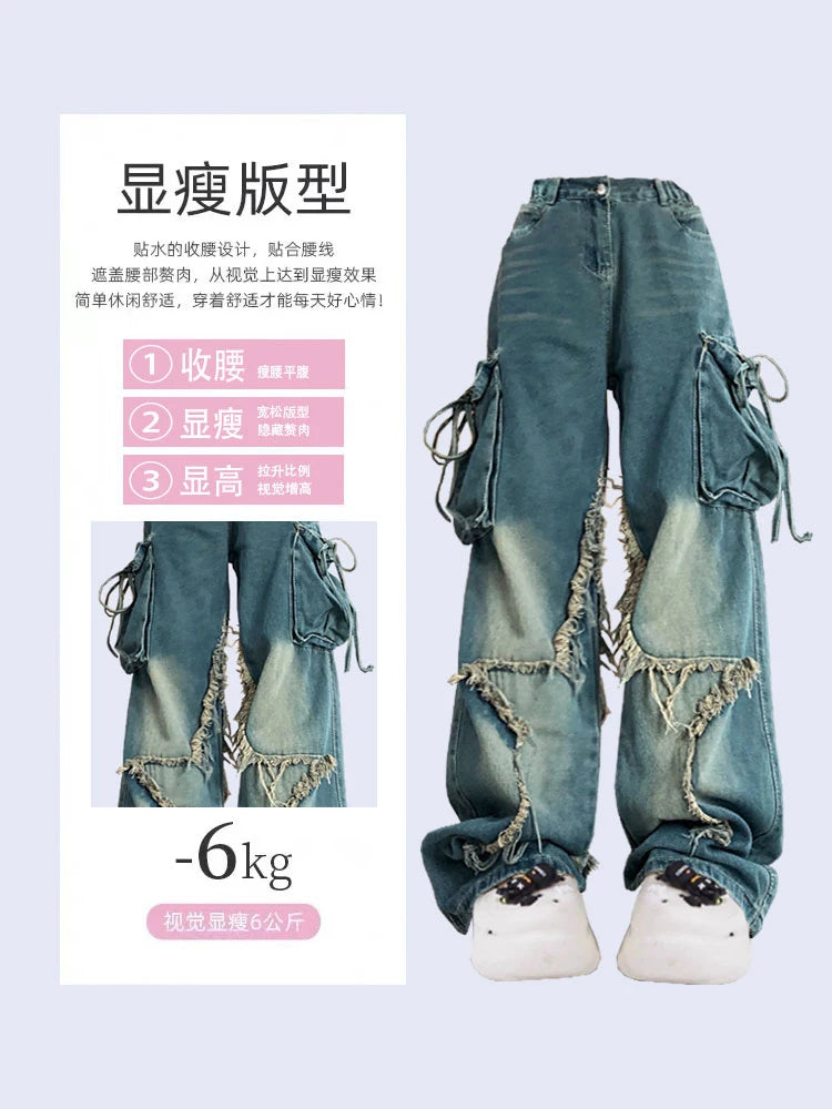 Vintage 90s High-Waist Blue Cargo Jeans for Women