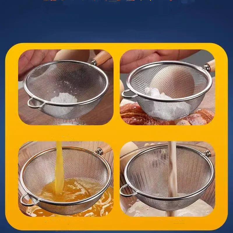 Crépines en acier inoxydable, cuillère, Mini filtre, presse-agrumes, filtre, passoire à mailles pour la cuisson et la friture, manche en bois