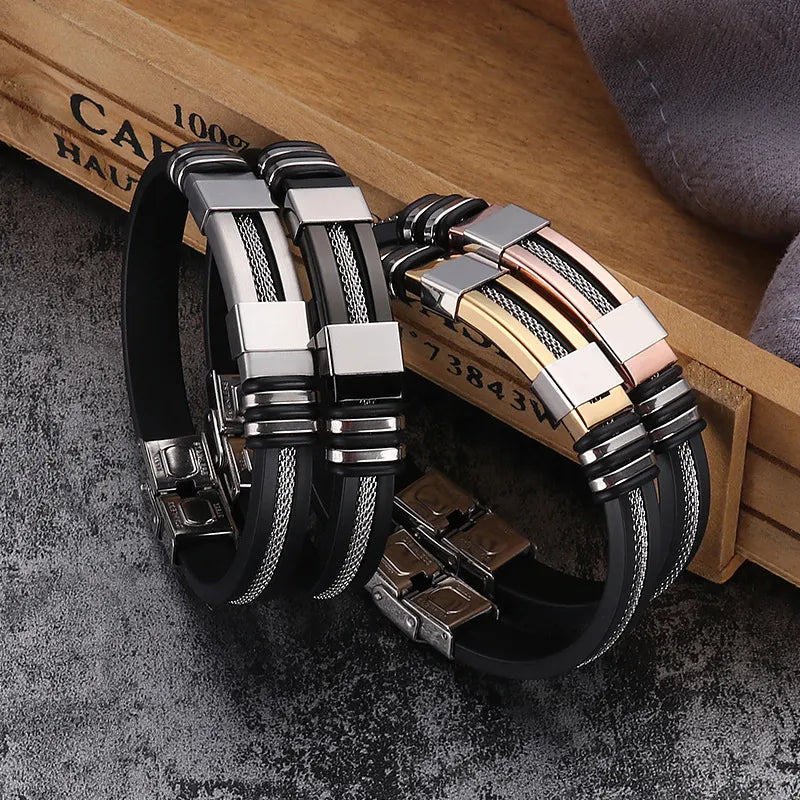 Black Grooved Rudder Stainless Steel Punk Bracelet