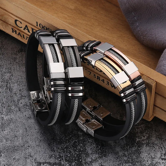 Black Grooved Rudder Stainless Steel Punk Bracelet