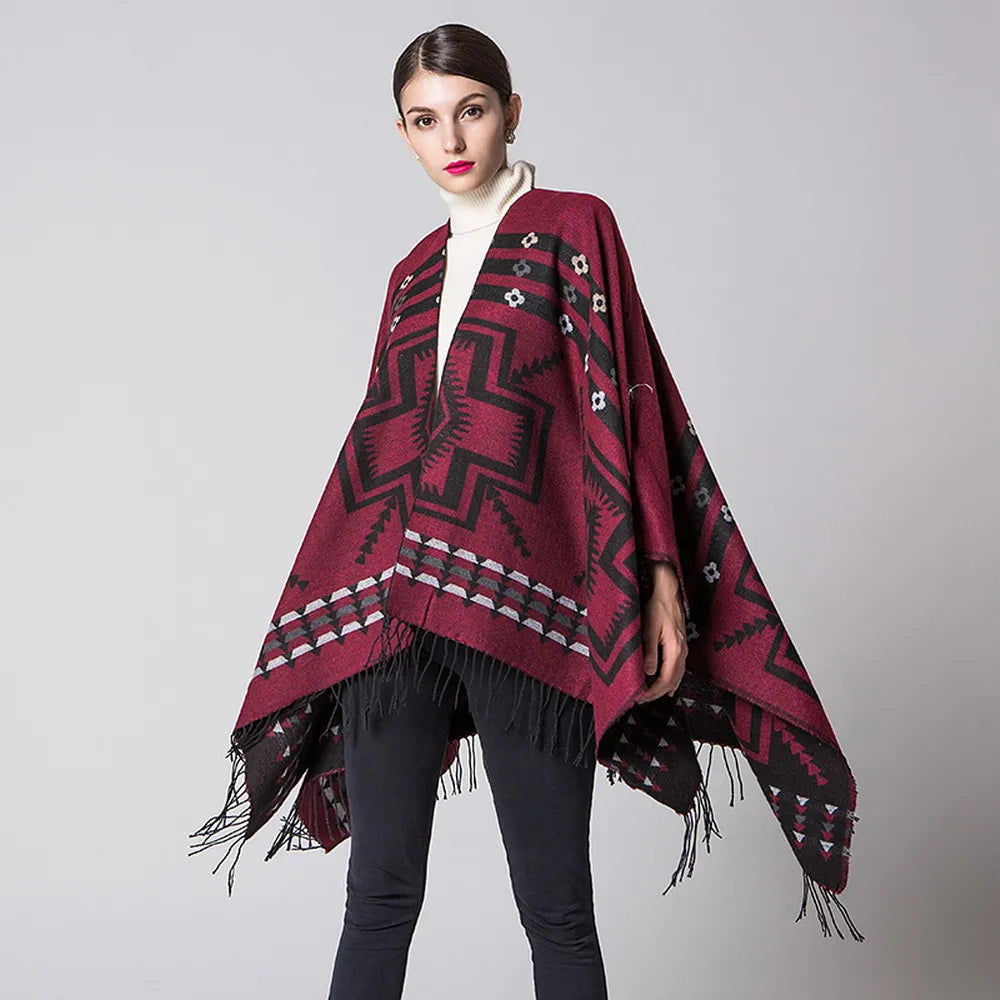 Cozy European American Cashmere Poncho with Ethnic Prints