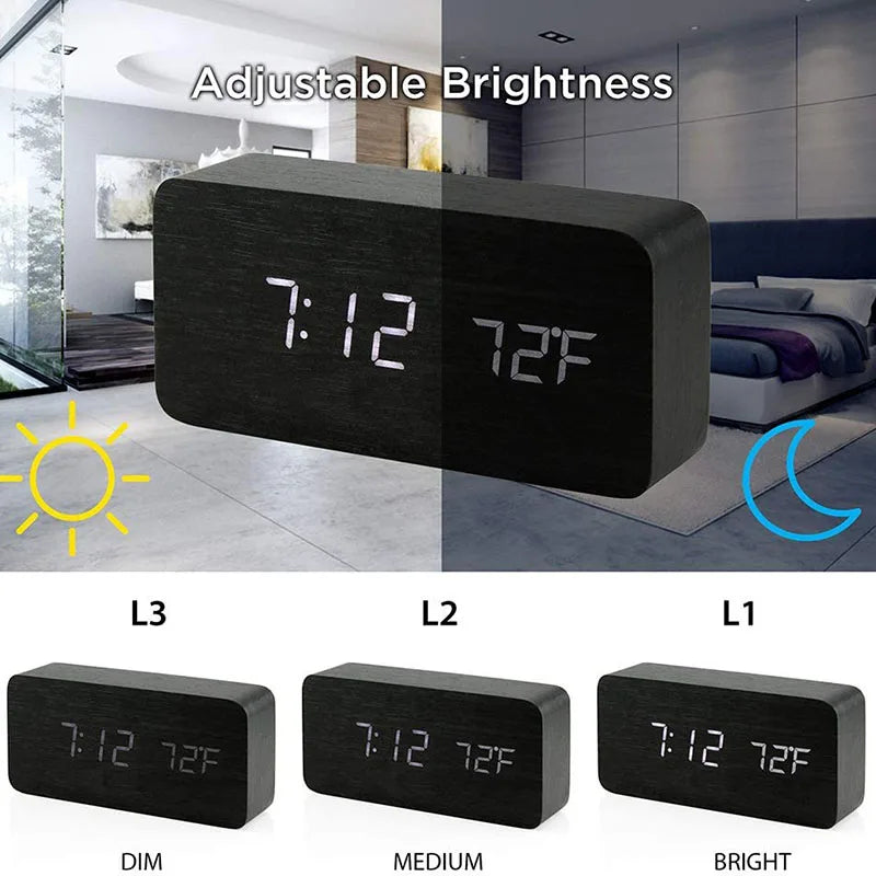 Wooden LED Digital Alarm Clock with Temperature Display