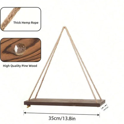 1PC Wooden Swing Hanging Hemp Rope Wall Shelves Mounted Floating Home Living Room Plant Flower