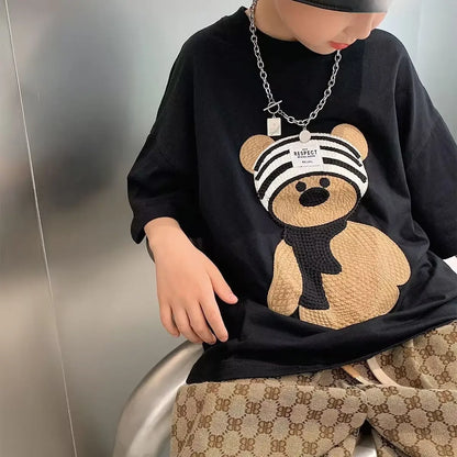 Baby Boy Cotton Embroidered Top with Brown Drawstring Pants