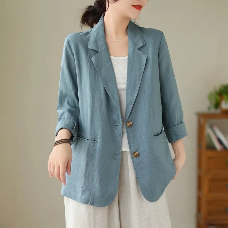 Blazer d'été à manches longues en coton et lin d'inspiration vintage avec col à revers