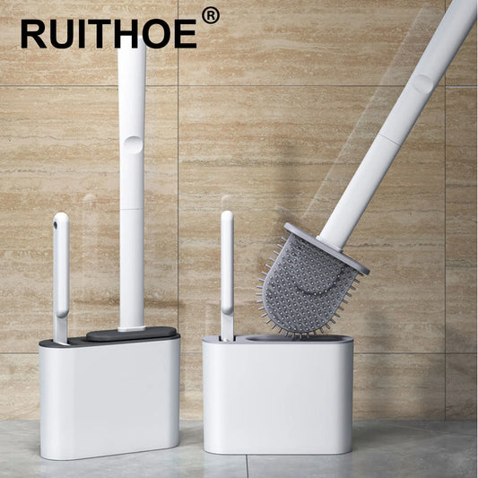 Wall-Mounted Silicone Toilet Brush with Long Handle and Holder