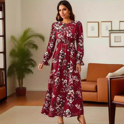 Women Maxi Dresses - Casual Full Sleeve Floral Printed O-neck Woman Bohe Beach Party Long Dress