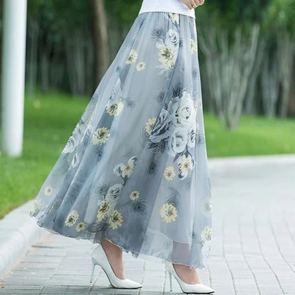 High Waist A-Line Print Chiffon Skirt