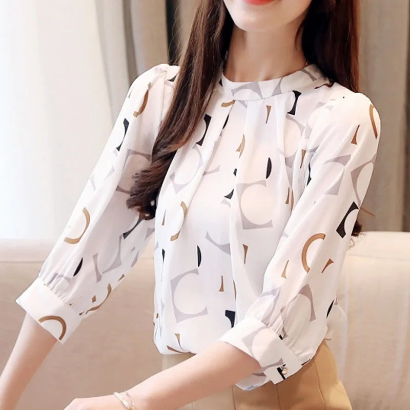 Summer printed chiffon blouse, Korean office shirt