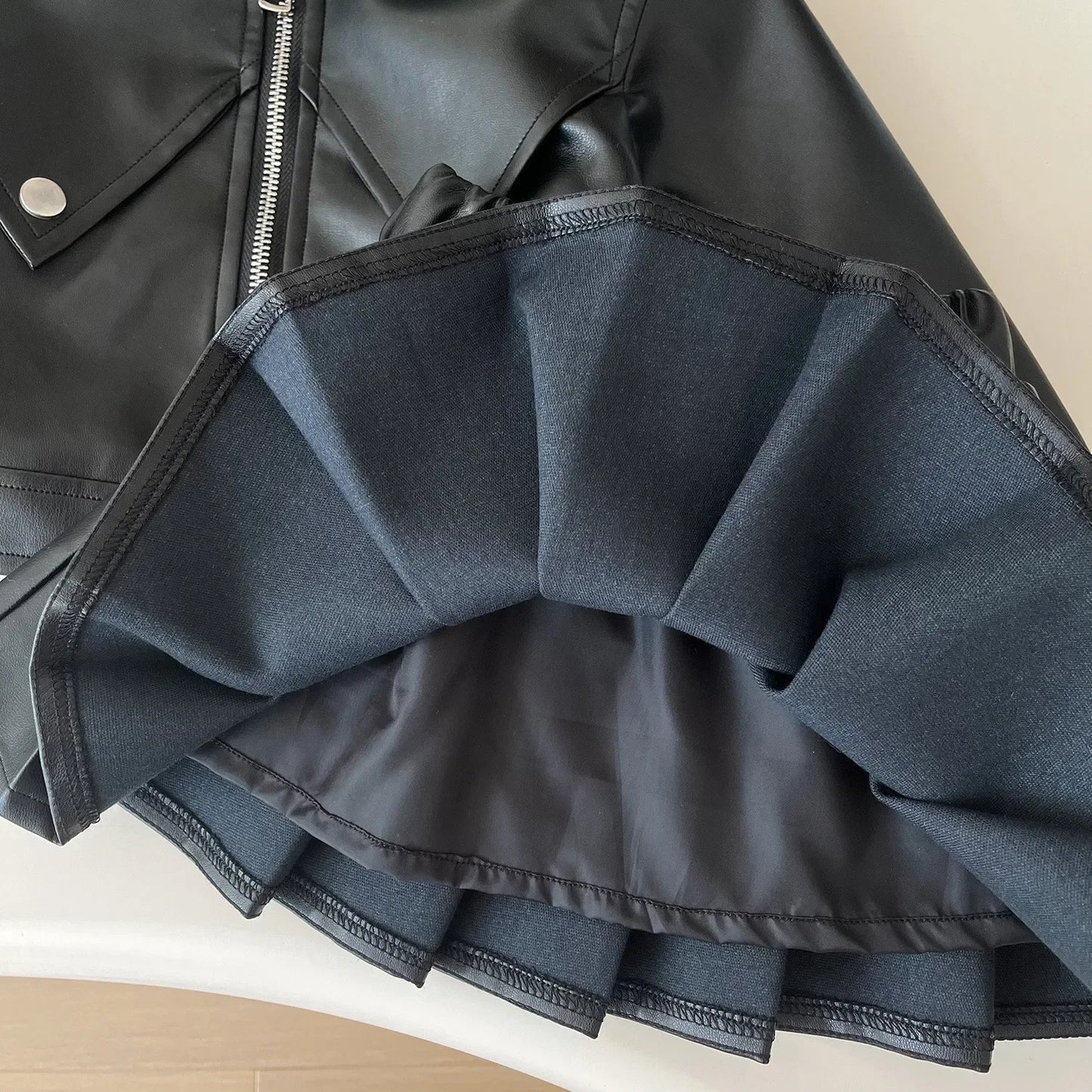 Girls Leather Jacket Set - Pleated Skirt Two-piece Set