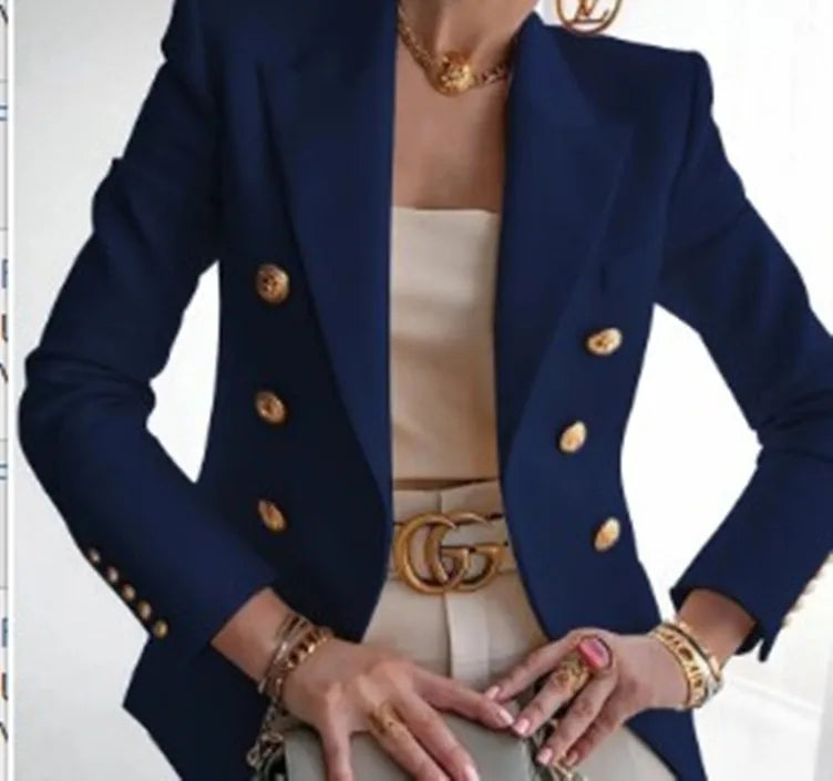 Women's Slim Elegant Double Breasted Metal Lion Buttons Blazers
