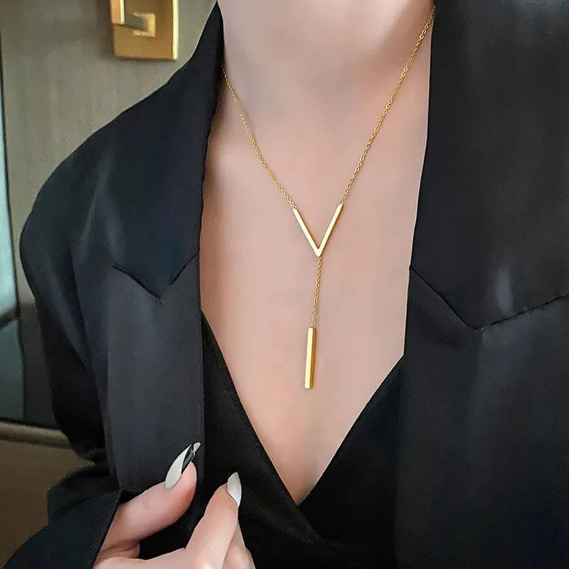 Ladies' Stainless Steel V-Shape Stick Pendant Long Chain Necklace