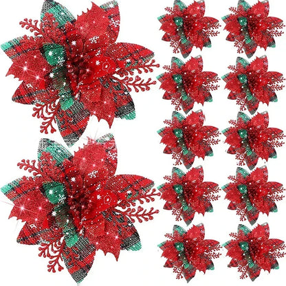Lot de 5 fleurs artificielles de Noël à paillettes pour sapin
