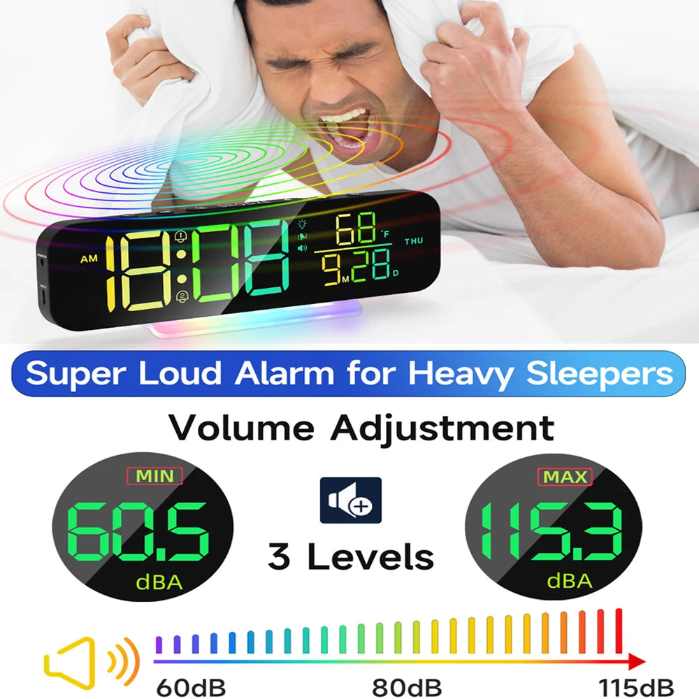 Super Loud Vibrating Alarm Clock with Bed Shaker & RGB LED Night Light