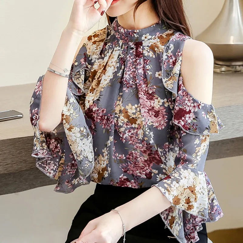 Chiffon Floral Prints Tops With Butterfly Sleeves