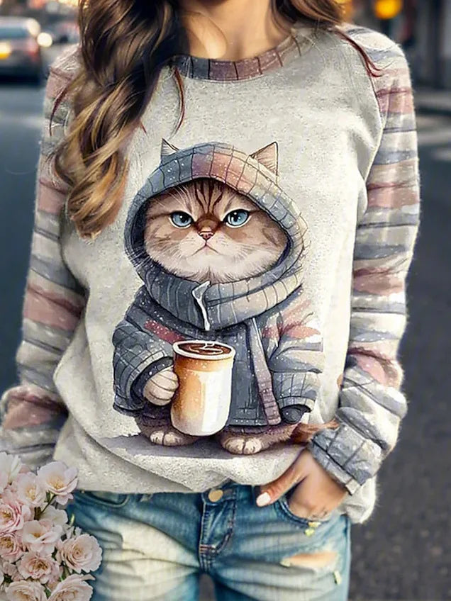 Funny Cat Print Cotton T-Shirts Cute Long Sleeve Sweatshirts