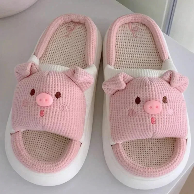 New Pink Piggy Pattern Linen Slippers