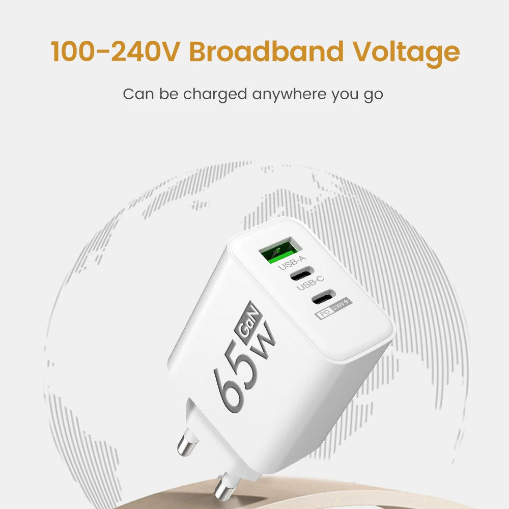 65W 3 Ports USB PD Charger - Type C Fast Charging Adaptor